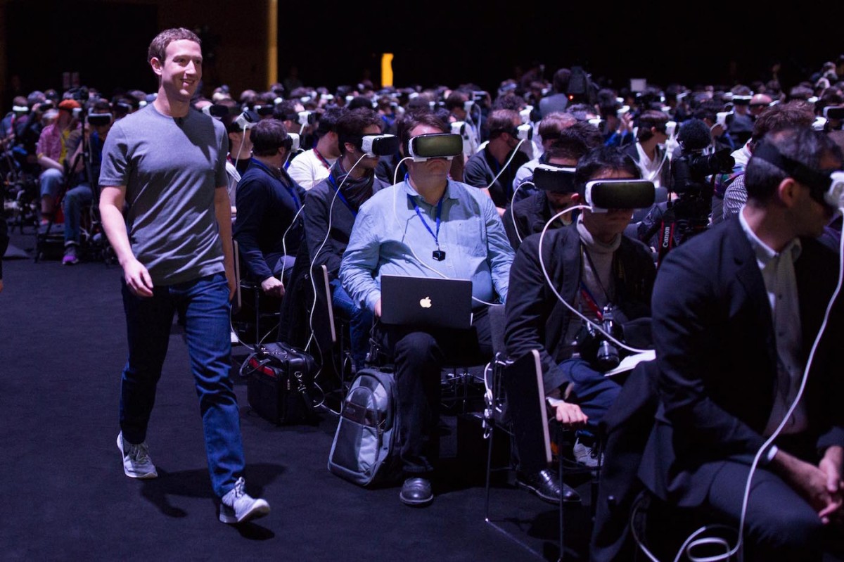 Zuckerberg and an audience wearing Samsung Gears (Facebook image)