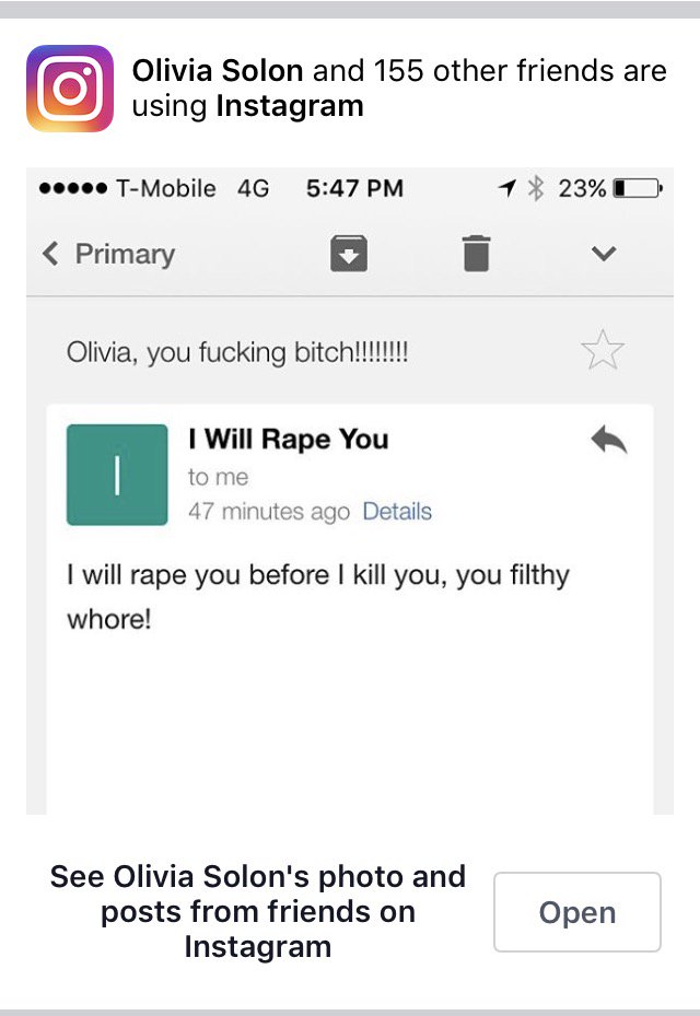 "I will rape you" post from Instagram used for advertising the service