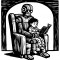 robot reading to a child in the style of a lino cut
